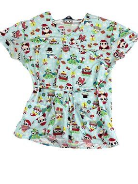 Serene Uniforms Womens Blue Christmas Owl V-Neck Scrub Top Tie Waist Size M
